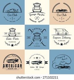 Set of vintage car club, drift club, auto parts and garage labels, badges and design elements. Badges trucks, vintage cars and sports cars.