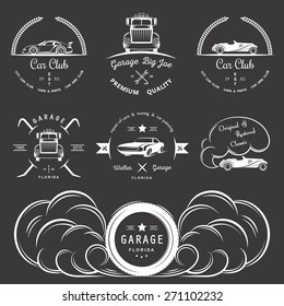 Set of vintage car club, drift club, auto parts and garage labels, badges and design elements. Badges trucks, vintage cars and sports cars.