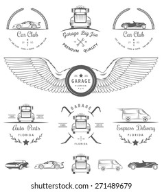 Set of vintage car club, drift club, auto parts and garage labels, badges and design elements. Badges trucks, vintage cars and sports cars.