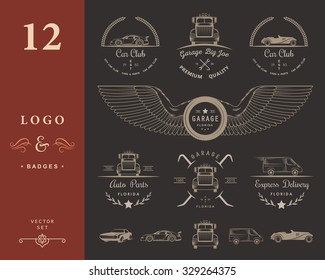 Set of vintage car club, drift club, auto parts and garage labels, badges and design elements. Badges trucks, vintage cars and sports cars.