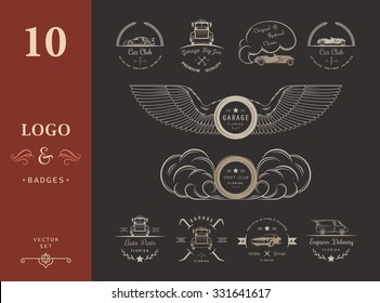 Set of vintage car club, drift club, auto parts and garage labels, badges and design elements. Badges trucks, vintage cars and sports cars.