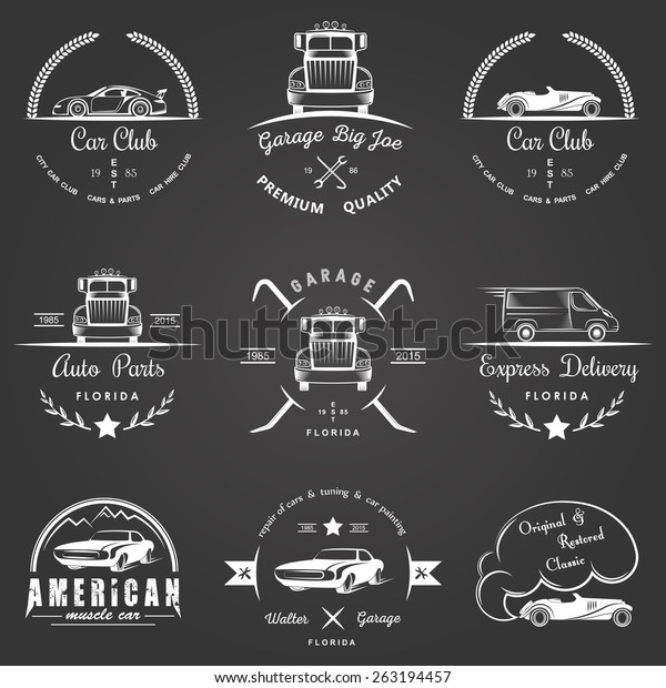 Set of vintage car club, drift club, auto parts and\
garage labels, badges and design elements. Badges trucks, vintage\
cars and sports cars.