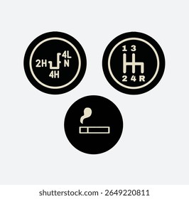Set of vintage car interior icons including gear shift pattern, 4WD transfer case selector, and cigarette lighter cover. Ideal for retro automotive UI or technical design.