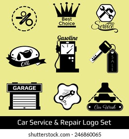 Set of vintage car logos with various design elements, ribbons and emblems. Vector illustration.