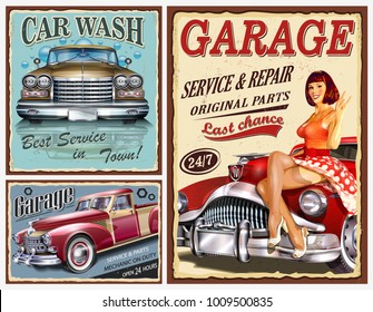 Set of vintage car metal signs,Garage and Car Wash retro posters.