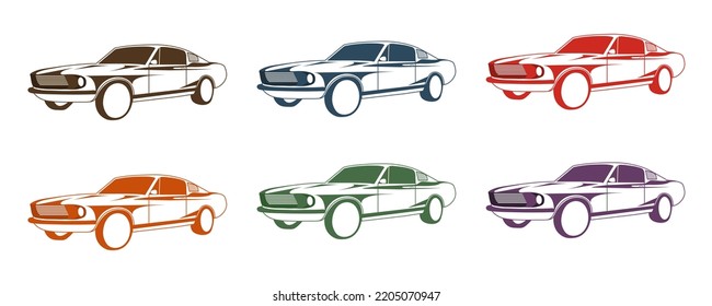 Set of a vintage car on white background in different colors. Old automobile. Vector design. Classic auto. Travel concept. Vector design illustration. Retro design. Isolated vector illustration.