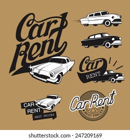 Set of vintage car rent badges, labels and design elements with hand drawn fonts