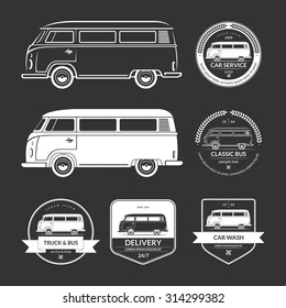 Set of vintage car service labels, emblems, logos, badges. Silhouettes of bus, minibus, van, minivan, wagon in retro style. White vector design elements isolated on black background