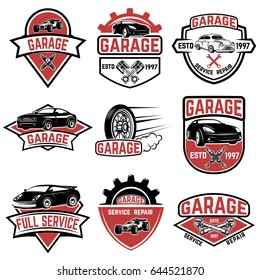 Set of vintage car service labels. Design elements for logo, label, emblem, sign, badge. Vector illustration