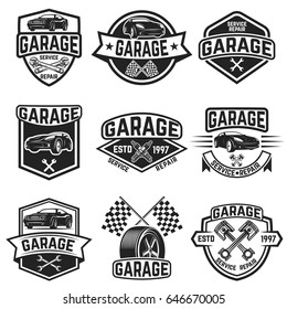 Set of vintage car service labels. Design elements for logo, label, emblem, sign, badge. Vector illustration