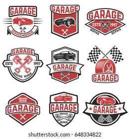 Set of vintage car service labels. Design elements for logo, label, emblem, sign, badge. Vector illustration