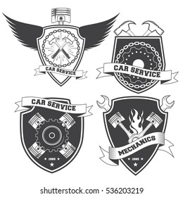 Set of vintage car service, repair black color isolated logo on white background. Vector illustration.