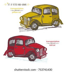 Set vintage car vector illustration. Retro Hand-drawn taxi cab in Ink brush sketch style isolated on white background. Great design for any purposes