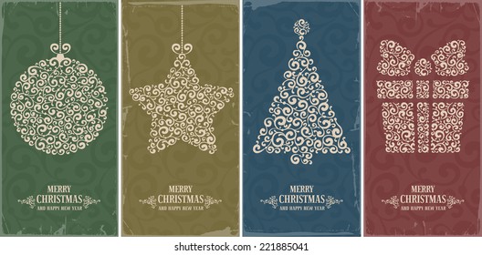 Set of vintage card with Christmas decorations. Vector illustration 