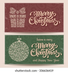 Set of vintage card with Christmas decorations and calligraphic inscription Merry Christmas. Vector illustration 