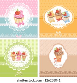 Set Vintage card with cupcakes