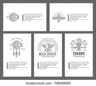 Set of vintage card templates in unique bohemian style with archaic elements. Bird totem collection of tags for handcrafted and exclusive products. Monochrome labels, black and white, geometric style