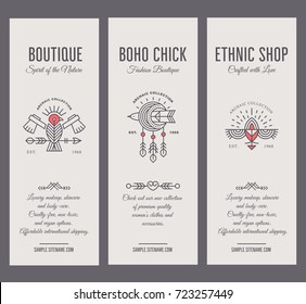 Set of vintage card templates in unique bohemian style with archaic elements. Bird totem collection of tags for fashion clothes. Ethnic shop or boutique labels, geometric line style