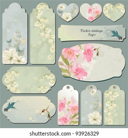 Set of vintage cards with birds, flowers and butterflies