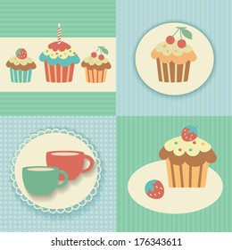 Set of vintage cards with cups and cakes. Vector Illustration.