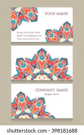 Set of vintage cards in east style. Colorful ornament on white background. Round floral pattern. Vector illustration