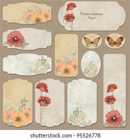 Set of vintage cards with flowers, poppies and butterflies