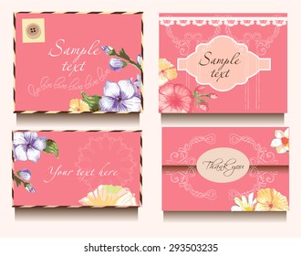 Set of vintage cards with flowers of watercolors