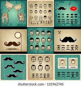 set vintage cards girls and mans faces. girls faces with hair, sunglasses and shape of the lips.mans Faces with Mustaches, sunglasses,eyeglass es and a bow tie