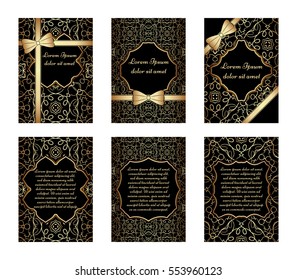 Set of vintage cards with gold ornament on a black background. Ornate border and place for your text. Vector illustration.