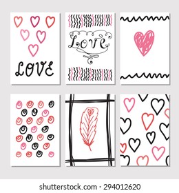 Set of vintage cards with romantic hand drawn textures. Creative cards with love theme design. Collection of brochures, posters, flyers, placards, and banners. Vector illustration