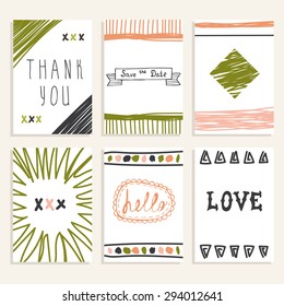 Set of vintage cards with romantic hand drawn textures. Collection of brochures, posters, flyers, placards, and banners. Creative cards with love theme design. Vector illustration