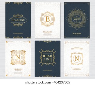 Set of vintage cards. Vector calligraphic logo template. Luxury retro label. Vintage monogram.