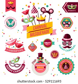 Juego de etiquetas y distintivos de carnaval antiguos. Cinta, Iconos planos y otros elementos. Ilustración vectorial. Orejas de conejo, Sombrero Detective y Pipe, Máscaras, Labios Sonrientes, Princesa Corona.