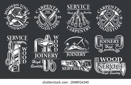 Conjunto de insignias de carpintería vintage para el fondo oscuro. Vector
