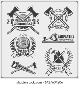 Set of vintage carpentry emblems. Woodwork  labels, badges, logos and design elements. Black and white vector illustration.