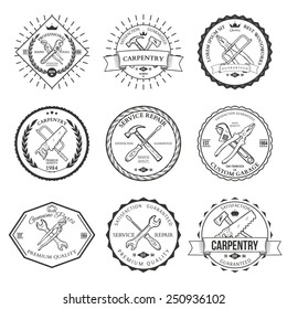 Set of vintage carpentry hand tools, repair service, labels and design elements vector