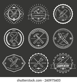 Set of vintage carpentry hand tools, repair service, labels and design elements vector