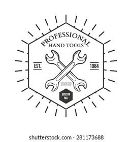 Set of vintage carpentry hand tools, repair service, labels and design elements vector illustration