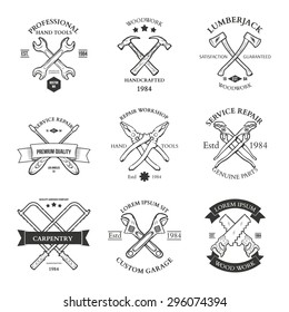 Set of vintage carpentry hand tools, repair service, labels and design elements vector illustration