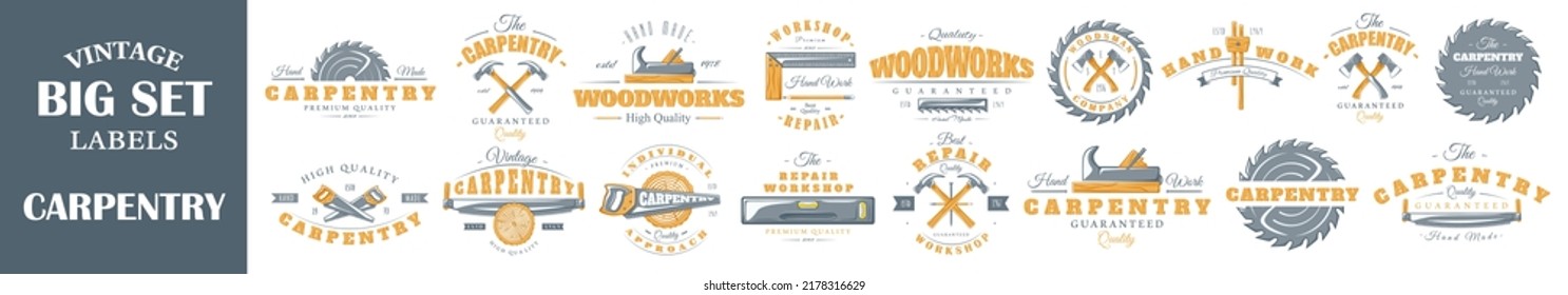 Set of vintage carpentry logos. Posters, stamps, banners and design elements. Vector illustration