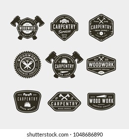 set of vintage carpentry logos. retro styled wood works emblems, badges, design elements, logotype templates. vector illustration