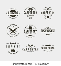 set of vintage carpentry logos. retro styled wood works emblems, badges, design elements, logotype templates. vector illustration