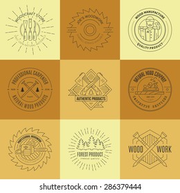 Set of vintage carpentry logotypes made in vector. Wood work and manufacture label templates. Detailed emblems with timber industry elements and carpentry tools. 