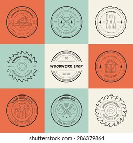 Set of vintage carpentry logotypes made in vector. Wood work and manufacture label templates. Detailed emblems with timber industry elements and carpentry tools. 