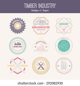 Set of vintage carpentry logotypes made in vector. Wood work and manufacture label templates. Woodworking badges with sample text for your business.