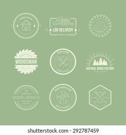 Set of vintage carpentry logotypes made in vector. Wood work and manufacture label templates. Detailed emblems with timber industry elements and carpentry tools. 