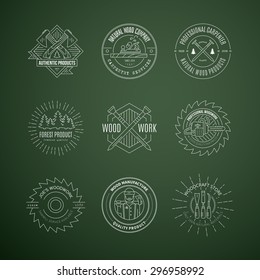 Set of vintage carpentry logotypes made in vector. Wood work and manufacture label templates. Detailed emblems with timber industry elements and carpentry tools. Woodworking badges 