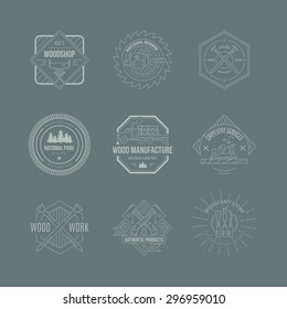 Set of vintage carpentry logotypes made in vector. Wood work and manufacture label templates. Detailed emblems with timber industry elements and carpentry tools. Woodworking badges 