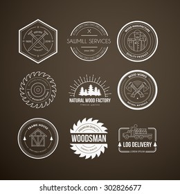Set of vintage carpentry logotypes made in vector. Wood work and manufacture label templates. Woodworking badges with sample text for your business.