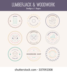 Set of vintage carpentry logotypes made in vector. Wood work and manufacture label templates. Detailed emblems with timber industry elements and carpentry tools. Woodworking badges  for your business.